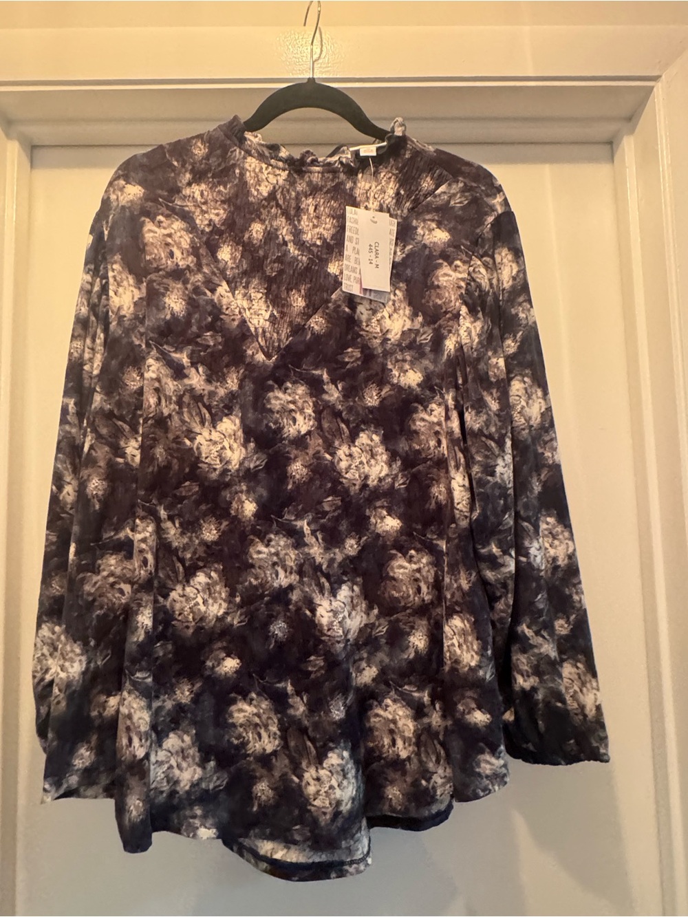LuLaRoe Clara Navy and White Floral Long Sleeve Top